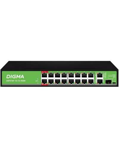DSP216F-1G-1C-R300 (L2) 16х100Мбит/с 1х1Гбит/с 1хКомбо(1000BASE-T/SFP) 16PoE 16PoE+ 2PoE++ 300W. Коммутатор с питанием по PoE. Digma в Балаково