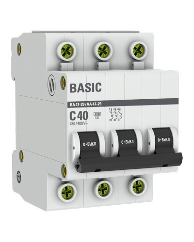 Автоматический выключатель 3P 40А (C) 4,5кА ВА 47-29 Basic (mcb4729-3-40C). Автоматический выключатель. EKF в Балаково