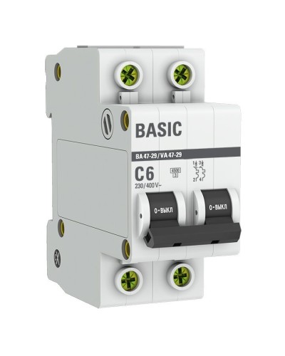 Автоматический выключатель 2P 6А (C) 4,5кА ВА 47-29 Basic (mcb4729-2-06C). Автоматический выключатель. EKF в Балаково