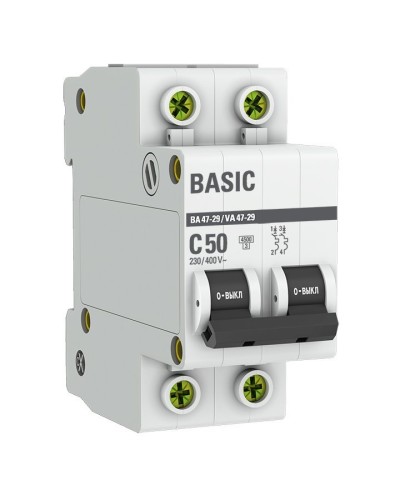 Автоматический выключатель 2P 50А (C) 4,5кА ВА 47-29 Basic (mcb4729-2-50C). Автоматический выключатель. EKF в Балаково
